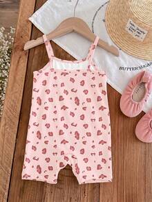 [RANDOM 4 PCS SEND 1 Pc] Pink Summer Cute Baby Girl Casual Strap Romper,Vintage Leopard Bow Cartoon Rabbit Graphic,Family Matching Korean Style Y2K - Multicolor - View 5