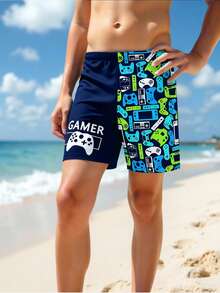 Bañadores para niños talla grande, con estampado de elementos de videojuegos, diseño de patchwork, adecuado para vacaciones, piscina, playa, parque acuático - Azul - Ver 3