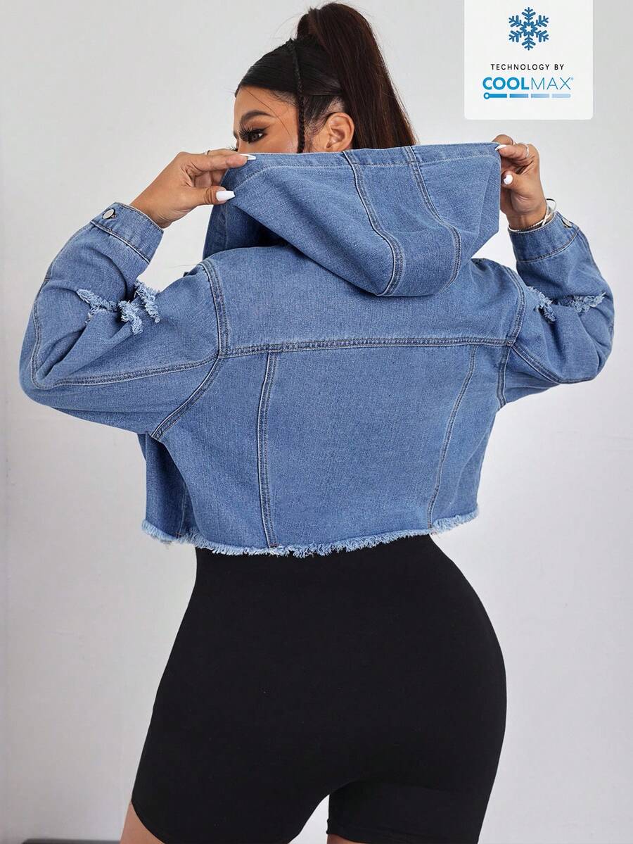 SHEIN ICON Veste en jean déchirée à manches longues et à simple boutonnage pour femmes grandes tailles - Bleu azur - Voir 1