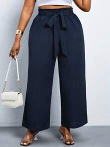 SHEIN PETITE CURVE Plus Size Solid Color Minimalist Commuter Elastic Waist Casual Pants - Navy Blue - View 5
