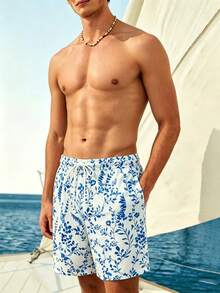 Manfinity VDAYZ Men's Minimalist Print Beach Shorts, Holiday - Blue and White - View 4