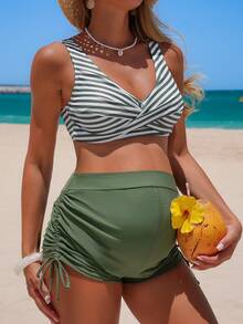 SHEIN 26SS Summer Beach Vacation Striped Maternity Bikini Set - Multicolor - View 5