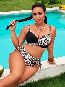Traje de baño tipo bikini de triángulo con tirantes finos y cruzados en el frente, con estampado de leopardo y unicolor para mujer de talla - Multicolor - Ver 7