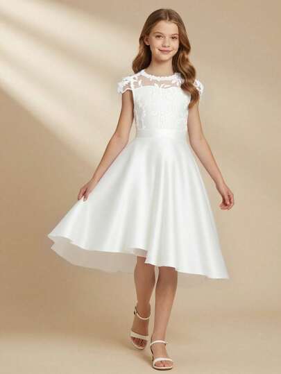 Girls' High-End Lace Patchwork Satin Half Sleeve Asymmetrical Hem Mid-Length Formal Dress, Suitable For Weddings, Parties, Christmas, Birthdays And Other Occasions