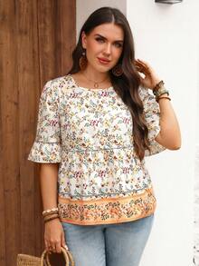 EMERY ROSE Plus Size Women Floral Print Casual Traditional Elegant Boho Versatile Daily Wear Summer Top For Beach Vacation White - Multicolor - View 4