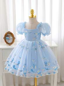Glamorique Kids 女童花卉刺繡網紗拼接甜心領短袖泡泡袖公主裙 - 淺藍色 - 查看 4