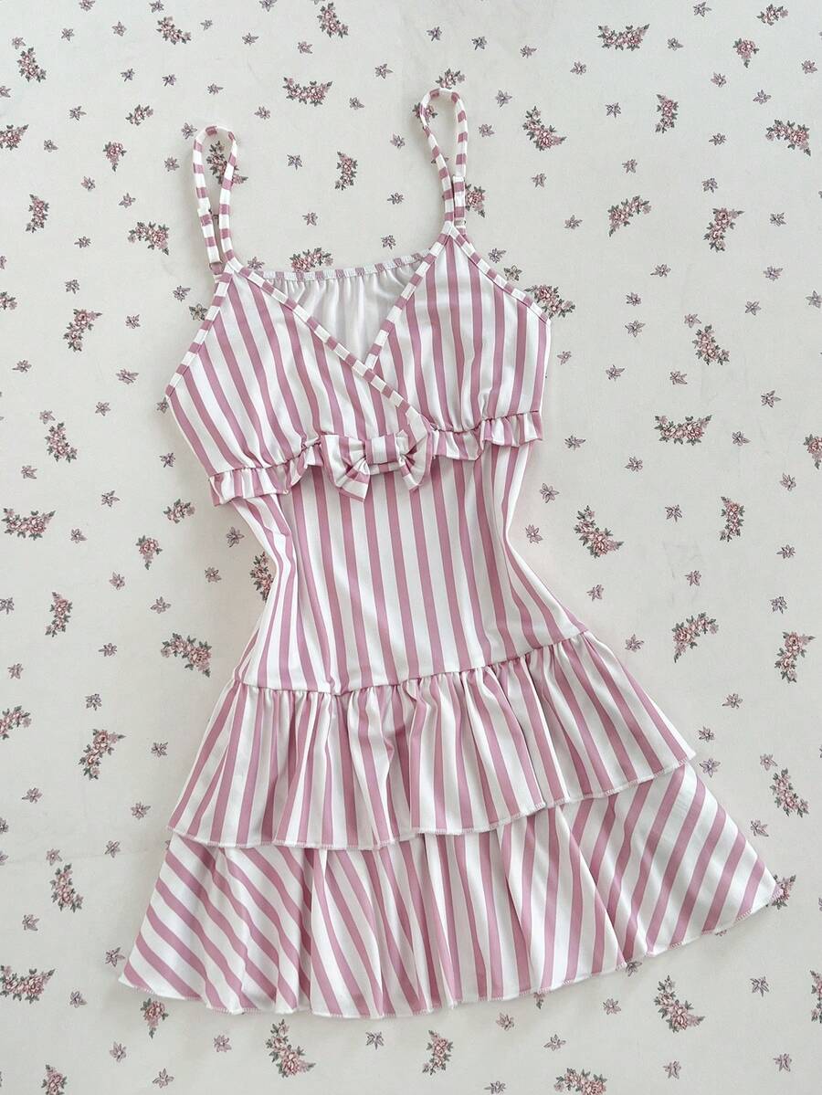 SHEIN Unity Women's Striped Bow Decor Frill Trim Camisole Dress - Pink - View 1