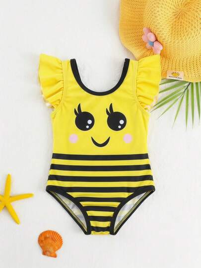 Cozy Pixies Baby Girl Baby Girl Colorblock Bow & Cartoon Bee Pattern Casual Cute Beach Swimwear Summer Swimming Suit Baby Girls Swimming  Suit Holiday Vacation Beach Bathing Suit Comfy Yellow Summer Bathing Suit For Baby Girls Baby Girls Swimming Suit Cute Suit For Baby Girls 0-3 Months