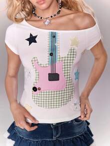 Sweetness Y2K Rockstar Bass Note Graphic Asymmetric Shoulder Women T-Shirt - White - View 7