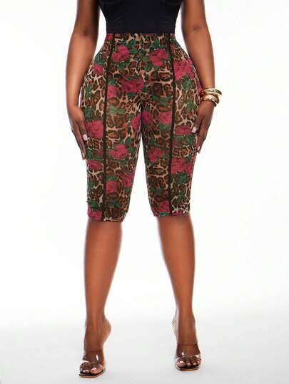 SHEIN SXY Plus Size Leopard & Floral Print Leggings, Casual Comfortable Fitted