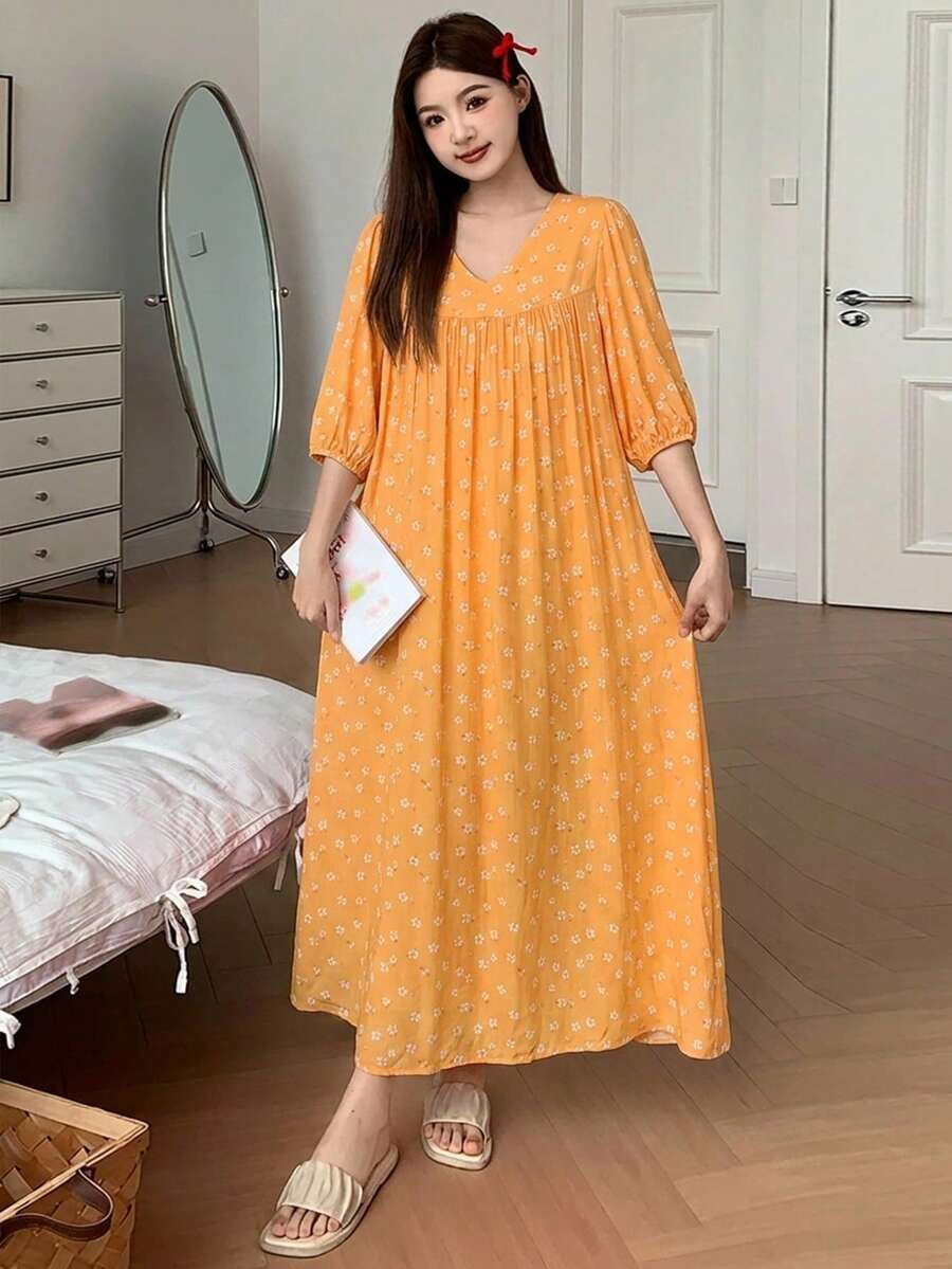 DAZY 小碎花V領寬鬆長洋裝，夏季女款睡衣，黃色睡衣 - 黃色 - 查看 1