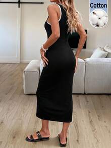 Vestido midi con cuello redondo, sin mangas, ajustado a la cintura, con dobladillo bordado en contraste y abertura lateral, hecho de tela de algodón cómoda, vestido casual, relajado y - verde aguacate - Ver 3
