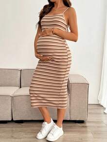 SHEIN 孕婦夏季休閒柔軟度假日常通勤拍照用配色條紋印花修身細肩帶洋裝 - 棕色 - 查看 4