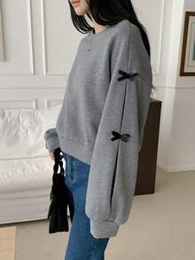 DAZY Contrast Color Bow Decor Loose Fit Crew Neck Pullover Sweatshirt For Women,Long Sleeve Tops,Fall Clothes - Dark Grey - View 4