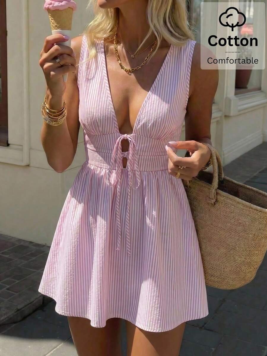 SHEIN EZwear Woven Sleeveless White And Pink Mini Dress For Women Vacation Summer Bohemian Boho Festive Romantic - Pink - View 1