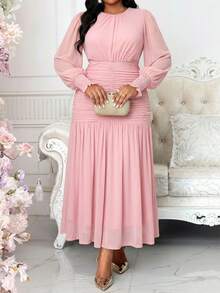 SHEIN Lady CURVE 大码优雅派对纯色褶皱连衣裙 - 粉色 - 查看 3
