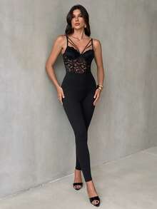 SHEIN Tall Black Lace Cami Jumpsuit For Women Sexy Sleeveless Long Bodysuit With Spaghetti Strap Textured Pattern And Zipper Accent - Black - View 1