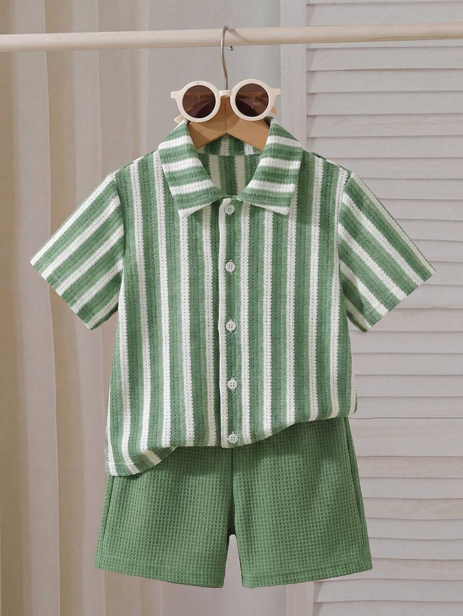 Souflis Souflis 2pcs Young BoyTextured Stripe Knit Shirt And Shorts Set - Green - View 1
