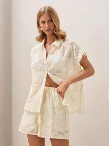 Briarwyn Bộ áo sơ mi và quần short trắng dệt jacquard, trang phục 2 mảnh rộng rãi thoải mái cho mùa hè. - Màu be - Xem 2