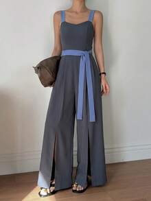 DAZY Women's Summer Casual Vacation Daily Commute Colorblock Belted Camisole Wide Leg Jumpsuit - Blue - View 3