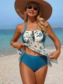 Swim Lushoire Bộ đồ bơi tankini cổ yếm phối ren, họa tiết cây nhiệt đới dành cho nữ. - Màu xanh lam - Xem 3