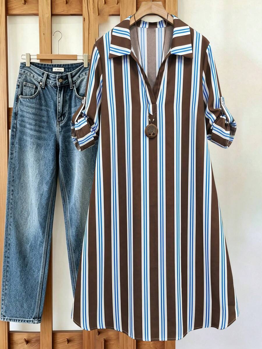 SHEIN Tall CURVE 大码女式法式休闲V领短袖夏季连衣裙 - 彩色 - 查看 1
