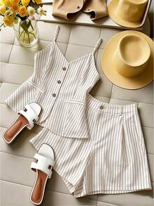 GlowEve CURVE Large-Sized Woven White Tank Top And Short Set Outfit For Casual Vacation Daily Wear New Summer Ladies Two Pieces Set Bussines - Apricot - View 3
