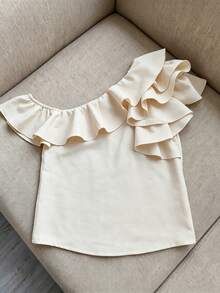 SHEIN French-Style Light Luxury Apricot Top: Women's Asymmetrical Off-Shoulder Blouse With Dramatic Ruffle - Apricot - View 5