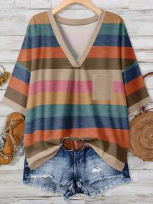 EMERY ROSE Plus Size Women Casual Colorful Striped V-Neck Drop Shoulder T-Shirt - Multicolor - View 1