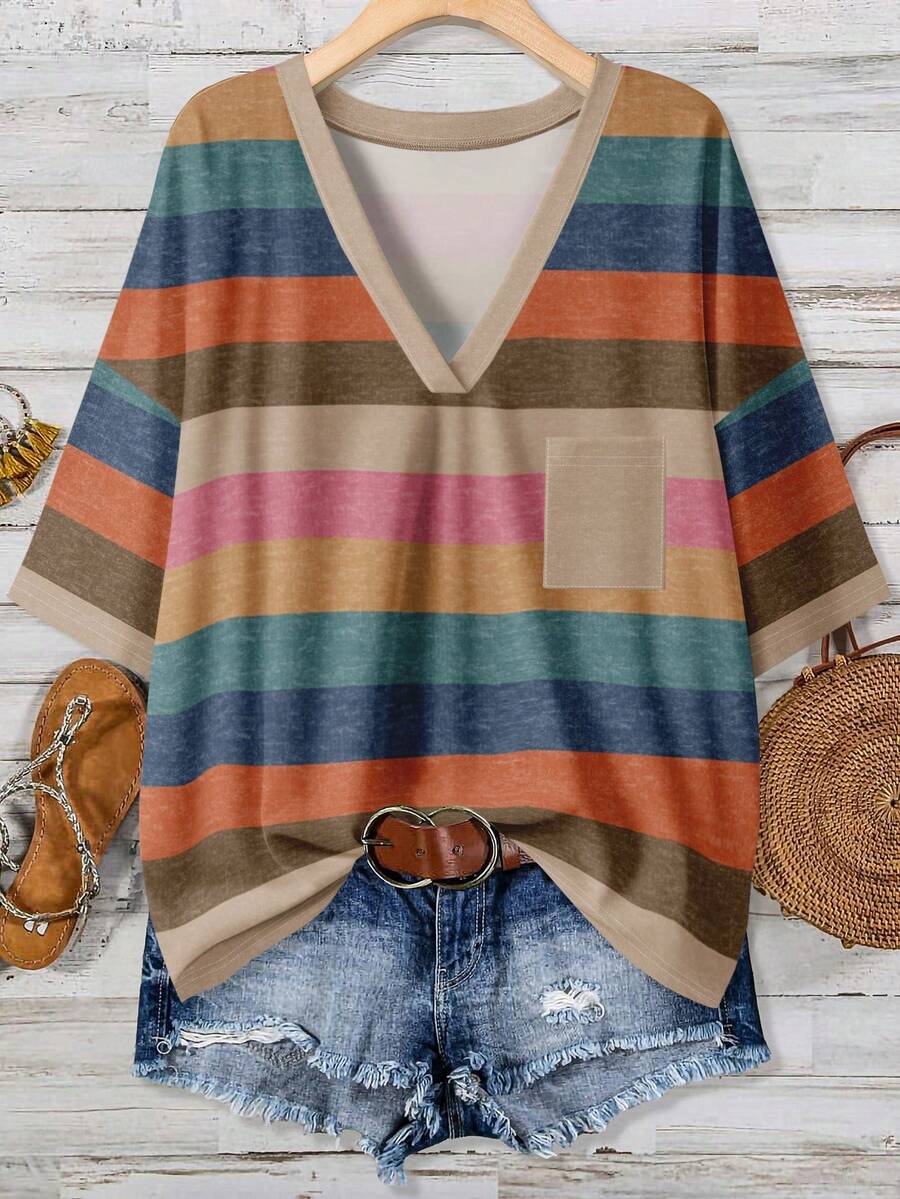 EMERY ROSE Plus Size Women Casual Colorful Striped V-Neck Drop Shoulder T-Shirt - Multicolor - View 1
