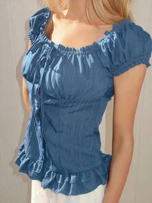 Sydney Algeri Women's Summer Solid Color Ruffle Hem Tie Waist Short Sleeve Blouse - Teal Blue - View 4
