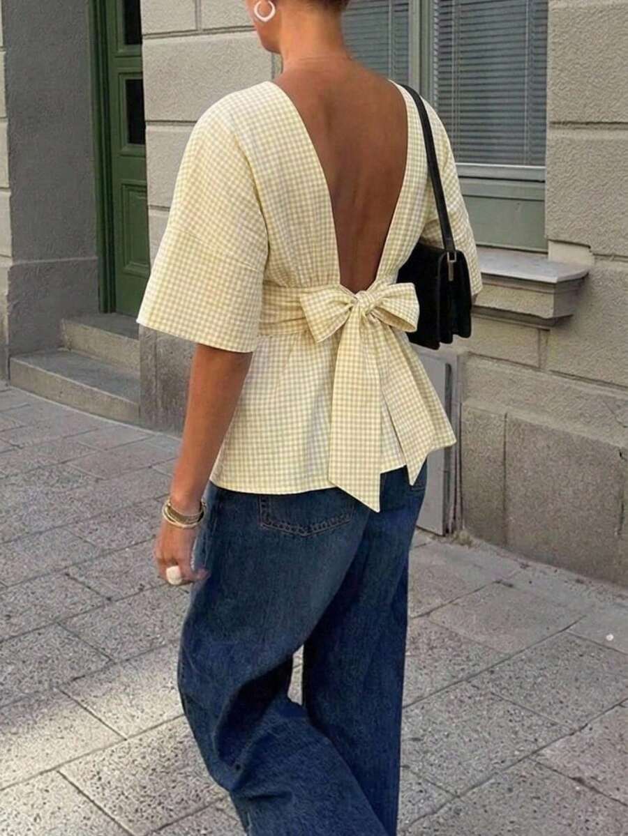 Aloruh 女士优雅圆领露背蝴蝶结装饰修身衬衫，乳白色