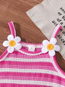 SHEIN Elladie kids 女童夏季新款简约橙白条纹拼接连体裤，花卉装饰休闲运动风连体衣 - 玫紅色 - 查看 3