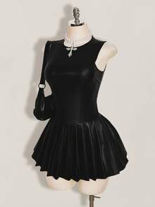 SHEIN ICON 女士纯色圆领无袖褶裥下摆迷你连衣裙 - 黑色 - 查看 1