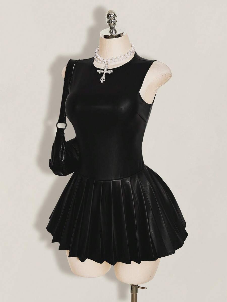 SHEIN ICON 女士纯色圆领无袖褶裥下摆迷你连衣裙 - 黑色 - 查看 1