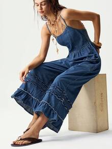 Bohemela Casual Solid Color Woven Loose Fit Women's Jumpsuit - Blue - View 6