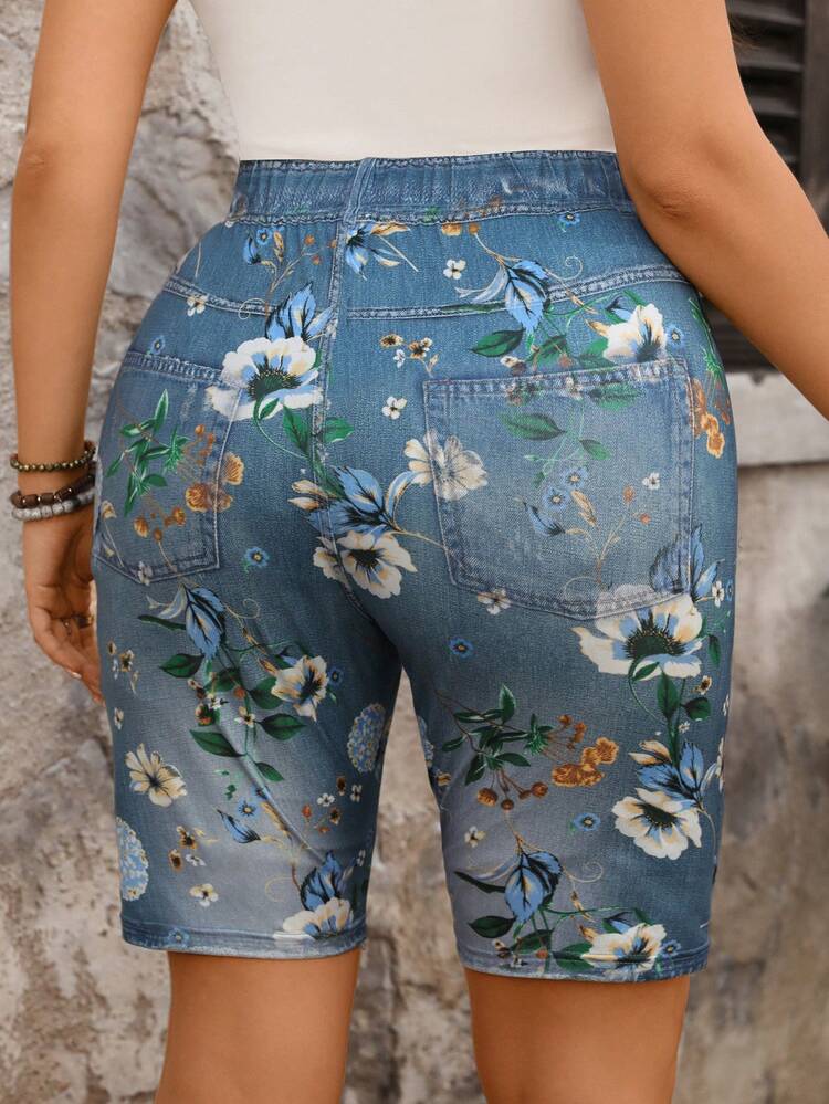 Plus Size Summer Fashion Floral Print Elastic Leggings