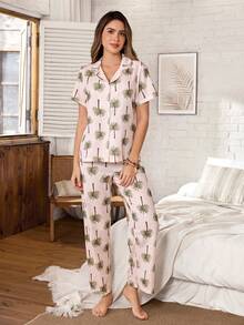 Serenescape Palm Tree Print Lapel Short Sleeve & Pants Vacation Style Women Pajama Set - Multicolor - View 3