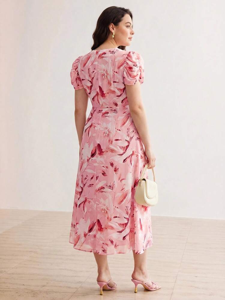 PLUS SIZE WOMEN'S V-NECK LINEN FLORAL PRINTED DRESS, SPRING/SUMMER