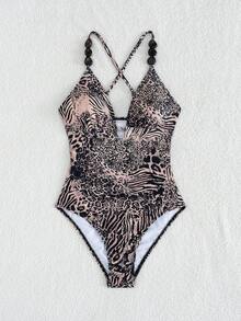 Bonvoyette Women's Sexy Leopard & Zebra Print Beaded Criss-Cross Backless One-Piece Swimsuit, Beach & Resort Vacation Style - Multicolor - View 5