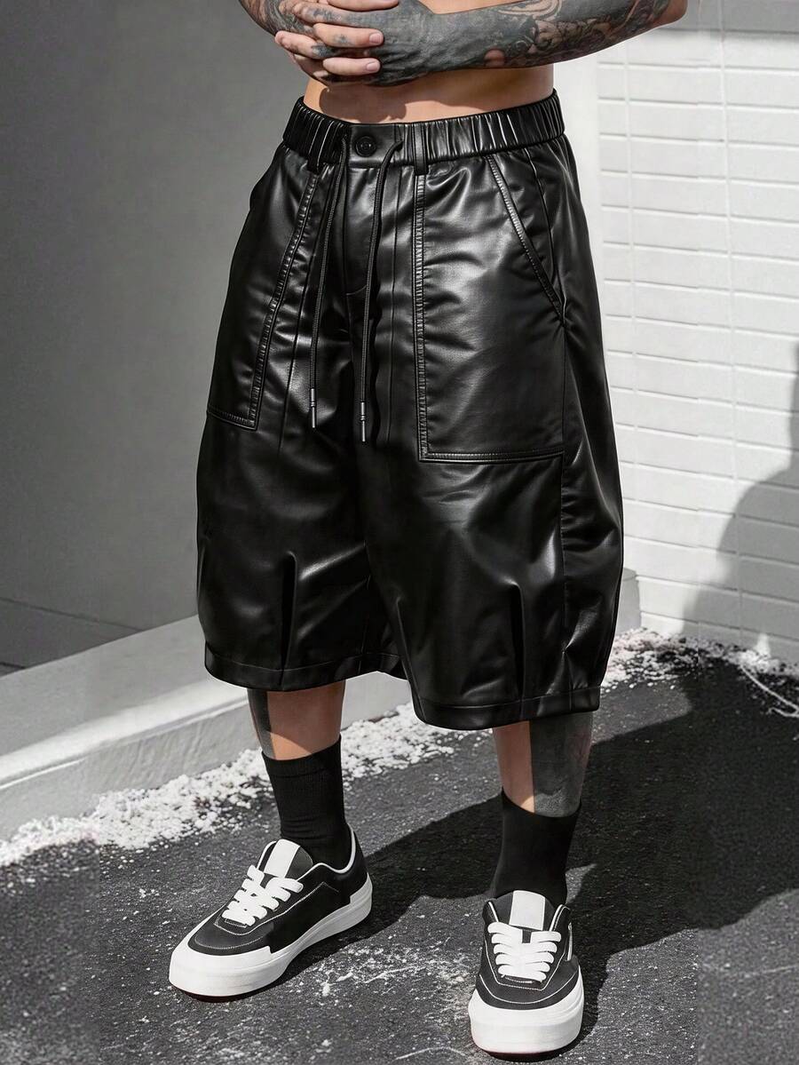 SLATEMANN Men's Black PU Leather Shorts, Fashionable Casual Versatile Bermuda Shorts, Rivet Design - Black - View 1