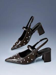 CUCCOO GRLICON Talons hauts décoratifs de style punk locomotive pour femmes avec rivets pointus marron. Tenue à la mode Y2K, parfaite pour les vacances, l'été et les voyages. - Tabac - Voir 3