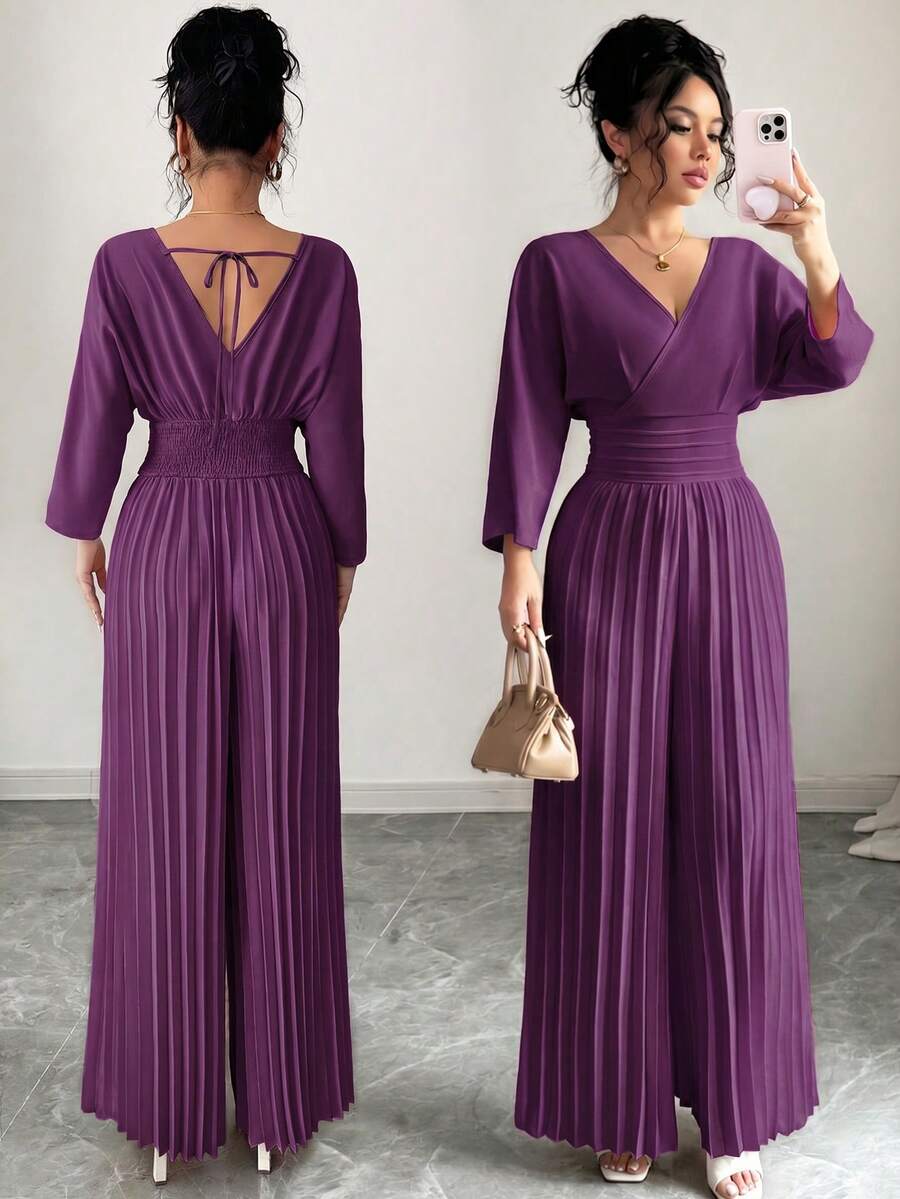Rafferiza Women's Solid Color Minimalist V-Neck Jumpsuit, Everyday Wear - Purple - View 1