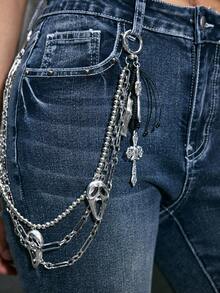 ROMWE 1 Y2k Sweet Cool Babes Heavy Industry Punk Personalized Dark Wind Goth Black Woven Knotted Leather Rope Lace Silver Double Chain Handmade Beaded CCB Round Bead Skull Hollow Crown Cross Screaming Grimace Pendant DIY Women's Trouser Chain Waist Chain Bag Pendant, Suitable For Girls And Ladies Daily Wear, Holiday Gifts - Silver - View 4