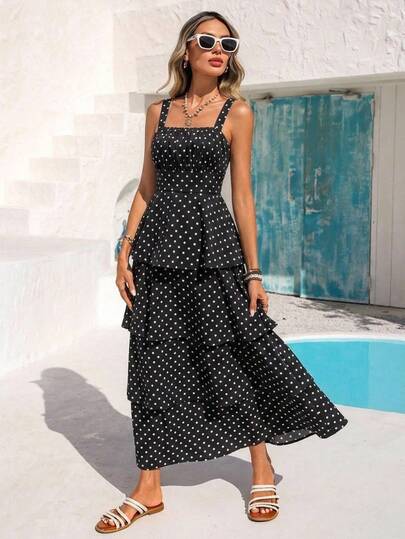 Vivid Eden Women's Polka Dot Square Neck Sleeveless Long Dress, Summer Fashion,Vacation,Vacation Style,Women's Black Polka Dot Print Tiered Midi Dress, Summer Beach Vacation Casual Sundress, Boho Square Neck Spaghetti Strap Layered Dress For Women,Polka Dot Print,Tiered/Layered Midi Dress,Beach Sundress,Bohemian,Vacation Wear