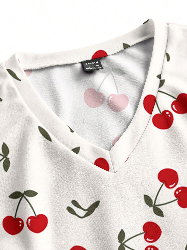 PopScrub Cherry Print V-Neck Short Sleeve Patchwork Pocket Scrub Uniform Top - Multicolor - View 4