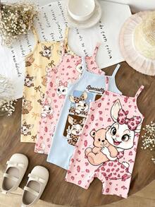 [RANDOM 4 PCS SEND 1 Pc] Pink Summer Cute Baby Girl Casual Strap Romper,Vintage Leopard Bow Cartoon Rabbit Graphic,Family Matching Korean Style Y2K - Multicolor - View 9
