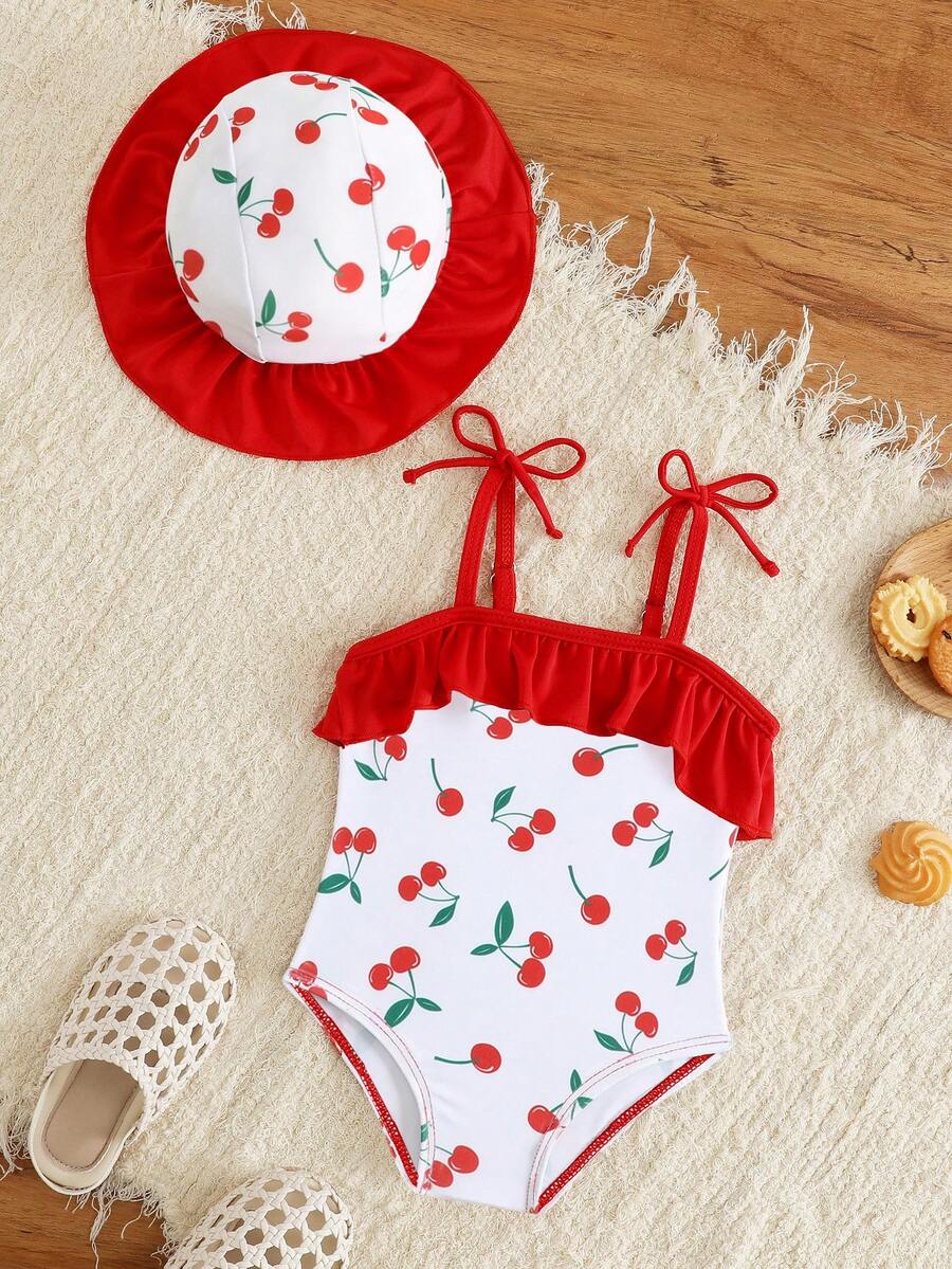Souflis Souflis Newborn Baby Cherry Print Ruffle Trim One-Piece Swimsuit (Print Randomly) - Pink - View 1