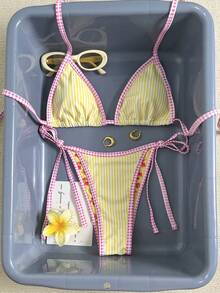 Sweetra Women's Casual Vacation Striped Sexy Halter Bikini Two Pieces Swimsuit Cheetah Print Gingham Trim Bikini Vacation Bikini Floral Bikini Tanning Summer - Multicolor - View 6