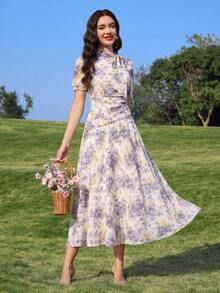 Modelyn 女款領結花卉印花優雅抓皺腰褶皺洋裝 - 彩色 - 查看 4